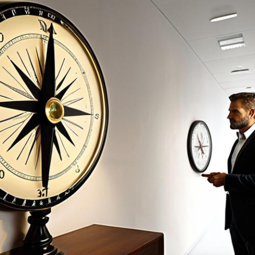 Home 16 **Prompt:** A determined Italian entrepreneur stands in a modern, sleek office, looking thoughtfully at a luminous, antique-style compass on a table. The compass needle points clearly forward, with a bright, ascending strategic path graphically projected onto a wall behind him, symbolizing rediscovered business direction and clarity. Professional, corporate, optimistic, strategic vision, high detail.