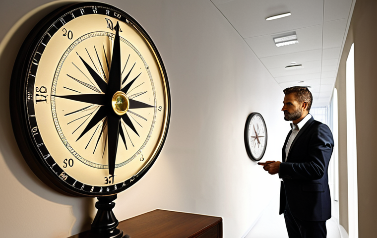 **Prompt:** A determined Italian entrepreneur stands in a modern, sleek office, looking thoughtfully at a luminous, antique-style compass on a table. The compass needle points clearly forward, with a bright, ascending strategic path graphically projected onto a wall behind him, symbolizing rediscovered business direction and clarity. Professional, corporate, optimistic, strategic vision, high detail.
