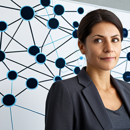 Home 15 **Image Prompt:** A confident professional standing in front of a network diagram, highlighting connections between nodes representing businesses and opportunities. Emphasis on professional attire, modern office environment, and a visual representation of career advancement. Keywords: management consultant, certification, network, career, success, Italy.
