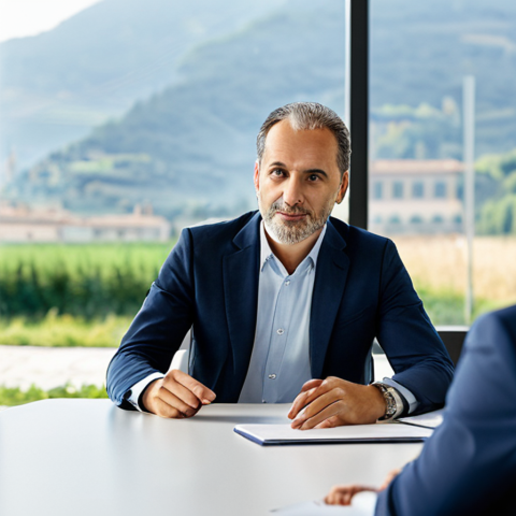 A professional Italian management consultant, in a modest business suit, seated at a modern, light-filled conference table, engaging in a focused discussion with an attentive Italian small business entrepreneur, also in professional dress. The background features a blurred, contemporary office setting with subtle hints of sustainable design elements and a view of a serene Italian landscape. Perfect anatomy, correct proportions, natural pose, well-formed hands, proper finger count, natural body proportions. Fully clothed, appropriate attire, safe for work, appropriate content, professional, high-quality photography.