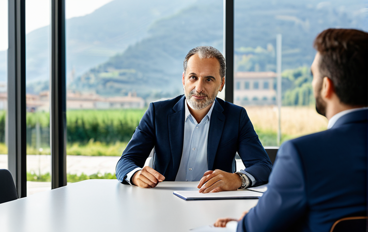 A professional Italian management consultant, in a modest business suit, seated at a modern, light-filled conference table, engaging in a focused discussion with an attentive Italian small business entrepreneur, also in professional dress. The background features a blurred, contemporary office setting with subtle hints of sustainable design elements and a view of a serene Italian landscape. Perfect anatomy, correct proportions, natural pose, well-formed hands, proper finger count, natural body proportions. Fully clothed, appropriate attire, safe for work, appropriate content, professional, high-quality photography.