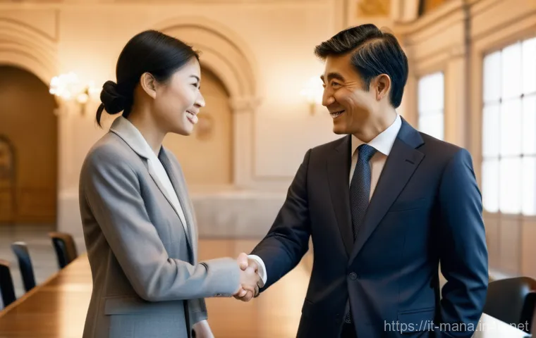 경영지도사와 국제 비즈니스 매너 - A professional female business consultant, dressed in smart business attire, stands confidently in a...