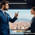 Home 20 경영지도사와 경영 전략 분석 - **Prompt:** A male business consultant in a sharp Italian-cut suit, standing beside a female entrepr...