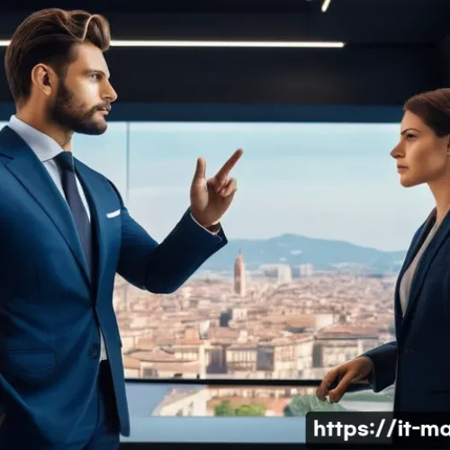 Home 32 경영지도사와 경영 전략 분석 - **Prompt:** A male business consultant in a sharp Italian-cut suit, standing beside a female entrepr...