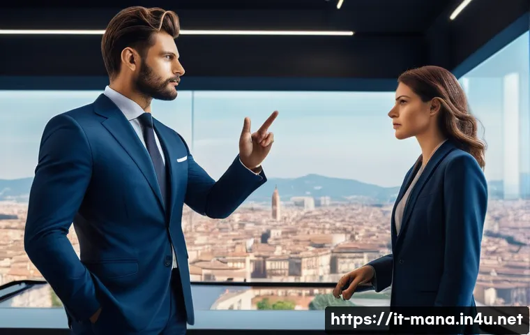 경영지도사와 경영 전략 분석 - **Prompt:** A male business consultant in a sharp Italian-cut suit, standing beside a female entrepr...