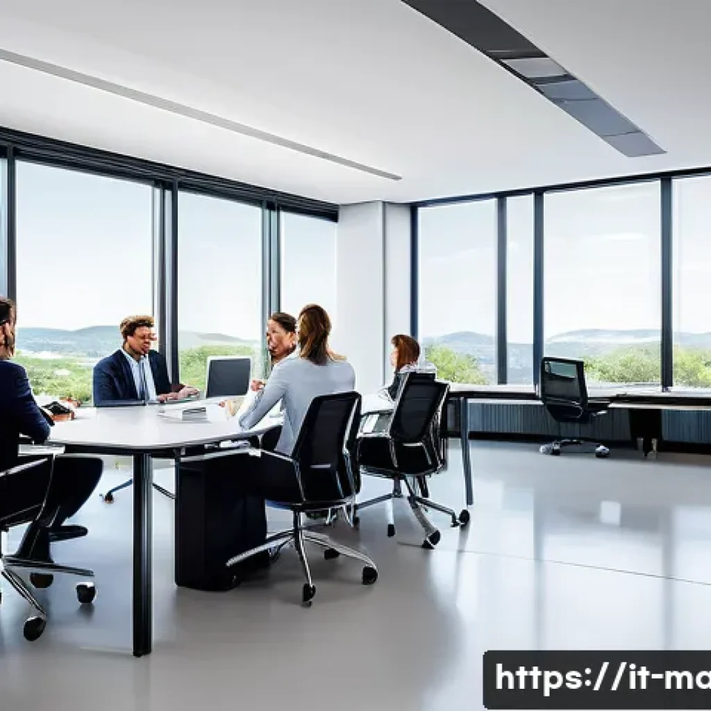 경영지도사와 경영 성과 평가 - A modern Italian corporate office interior with diverse professionals engaged in a collaborative mee...