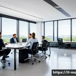 Home 18 경영지도사와 경영 성과 평가 - A modern Italian corporate office interior with diverse professionals engaged in a collaborative mee...