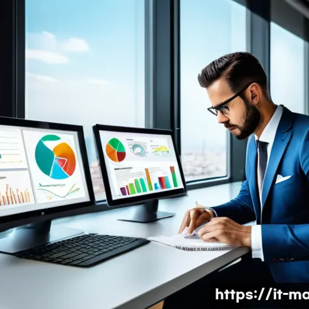 경영지도사와 컨설팅 시장 동향 - A modern Italian business consultant in a sleek office environment, interacting with advanced digita...