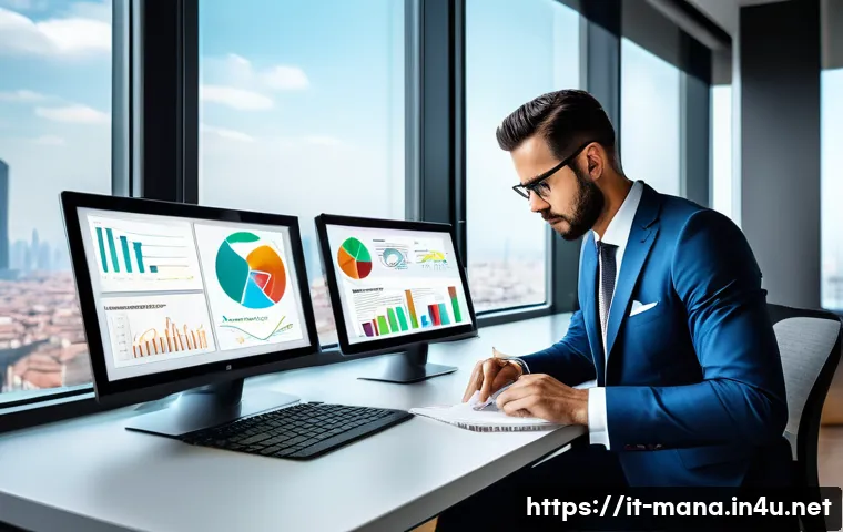 경영지도사와 컨설팅 시장 동향 - A modern Italian business consultant in a sleek office environment, interacting with advanced digita...