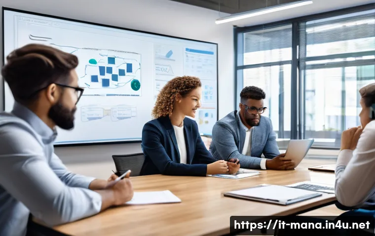 경영지도사와 비즈니스 프로세스 개선 - A modern office environment showcasing a diverse team of professionals engaged in a collaborative wo...