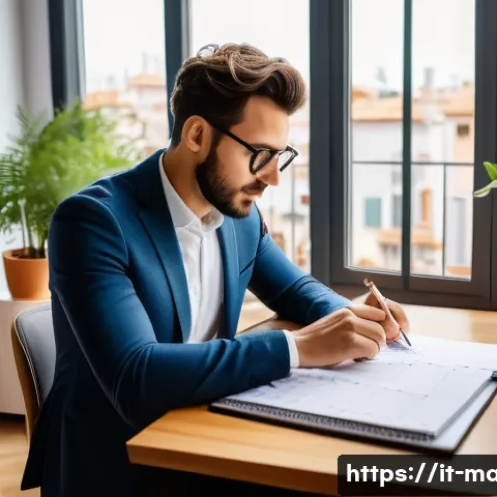 경영지도사 실기시험 합격 후기 - A focused young Italian business consultant studying at a modern desk in a bright, cozy home office ...
