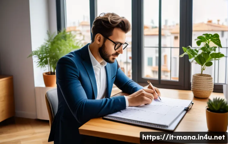 경영지도사 실기시험 합격 후기 - A focused young Italian business consultant studying at a modern desk in a bright, cozy home office ...