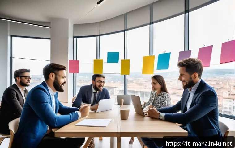 경영지도사와 경영 혁신 워크숍 - A modern corporate workshop scene inside a bright, spacious office with diverse Italian professional...