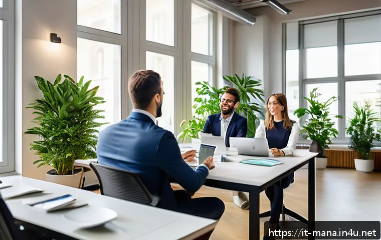 경영지도사와 HR 컨설팅 사례 - A modern Italian office environment showing a diverse group of professional employees engaged in an ...