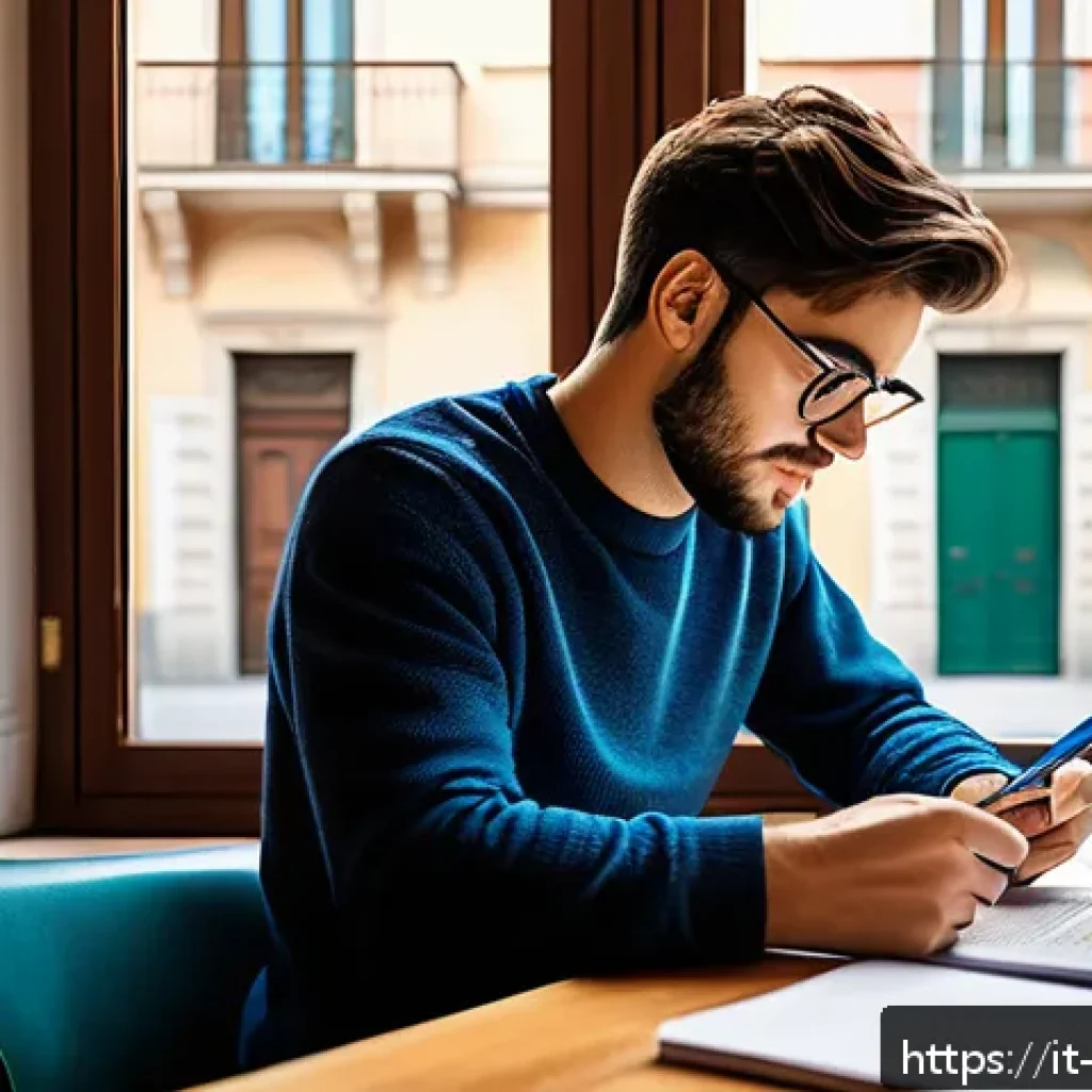 경영지도사 필기시험 고득점 비법 - A focused young Italian adult studying at a cozy home desk in Milan, surrounded by updated business ...
