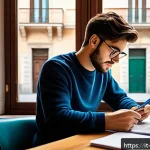 Home 23 경영지도사 필기시험 고득점 비법 - A focused young Italian adult studying at a cozy home desk in Milan, surrounded by updated business ...