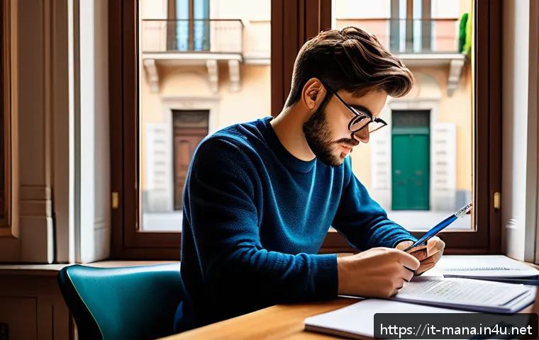 경영지도사 필기시험 고득점 비법 - A focused young Italian adult studying at a cozy home desk in Milan, surrounded by updated business ...